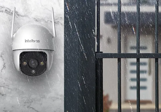 Câmera iM7 S montada na fachada, resistindo à chuva e capturando ambiente de 360 graus