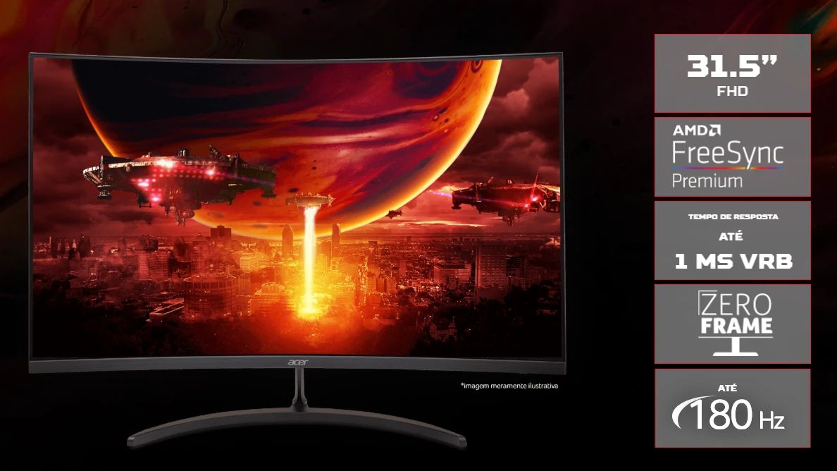 Monitor Acer Nitro EDT320Q 31,5 polegadas curvo exibindo movimento fluido em alta taxa de atualização 180Hz